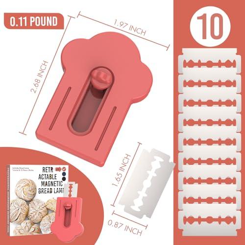 MEKER Bread Lame, Extractable Magnetic Dough Scoring Tool for Sourdough Bread Baking & Making, Includes Scoring Patterns Booklet and 10 Razor Blades, Red - CookCave