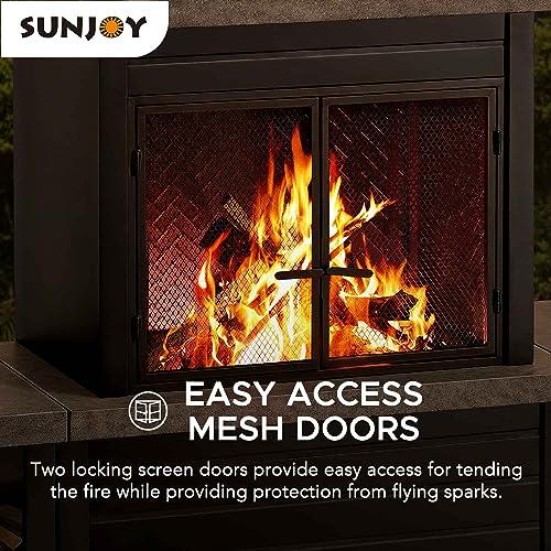 Sunjoy Outdoor Fireplace, Patio Wood Burning Steel Fireplace with Chimney, Log Holders, Fireplace Tool and PVC Cover, Black - CookCave