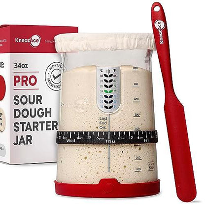 KneadAce Pro Sourdough Bread Starter Kit- 34 oz Large Capacity Sourdough Starter Jar with 5 unique features for the perfect sour dough bread & sourdough starter kit- sourdough bread baking supplies - CookCave