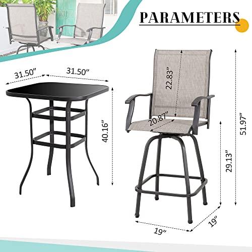 Vongrasig 3 Piece Patio Swivel Bar Set, All Weather Mental Textilene High Swivel Stools Chair Set of 2 and High Glass Bar Table, Outdoor High Top Bistro Set for Lawn Garden, Balcony, Taupe - CookCave