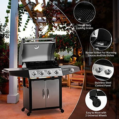 MASTER COOK Gas Grill, BBQ 4-Burner Cabinet Style Grill Propane with Side Burner, Stainless Steel - CookCave