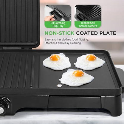 Nutrichef 3-in-1 Grill, Griddle, & Panini Press - Nonstick Coating, Temperature Control - Multiuse Countertop Sandwich Maker - Removable Drip Tray - 1500W - Compact Griddle - 20.3 x 12.5 x 5.3 - CookCave