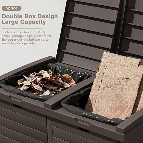 Greesum 78 Gallon Resin Outdoor Trash Can, Double Box Waste Bin with Tiered Lid, Drip Tray and Armrest for Patio, Backyard, Deck, 230 Liters, Dark Coffee - CookCave