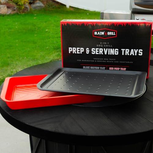 Blazin' Grill Prep & Serving Trays | Set of 2 Stackable, Melamine Trays | Serving Tray & Marinating Tray | Serving Platter for Plating Food & BBQ Prep Tub for Marinating Meats | Grill Accessories | - CookCave