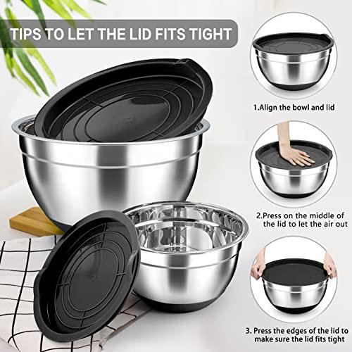 TeamFar Mixing Bowls, Black Mixing Bowls with Lids Set, Stainless Steel Nesting Salad Bowl with Air-tight Lid & Silicone Bottom, Non Slip & Stackable - Set of 6-4.6/2.6/2 / 1.5/1 / 0.7 Qt - CookCave