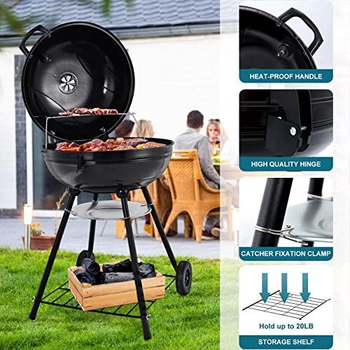 Joyfair 22-inch Kettle Charcoal Grill with Thermometer, 2 Layer Racks Barbecue Grill for Outdoor Camping Backyard Party BBQ Cooking, Premium Material & Heavy Duty, Extra Thick Steel & Enamel Coated - CookCave