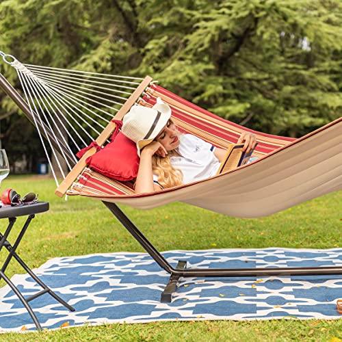 Lazy Daze Quilted Fabric Hammock with 12-Foot Stand, Double 2-Person Hammock with Pillow for Outdoor Outside Patio, Garden, Backyard, 450LB Capacity, Red/Brown Stripe - CookCave