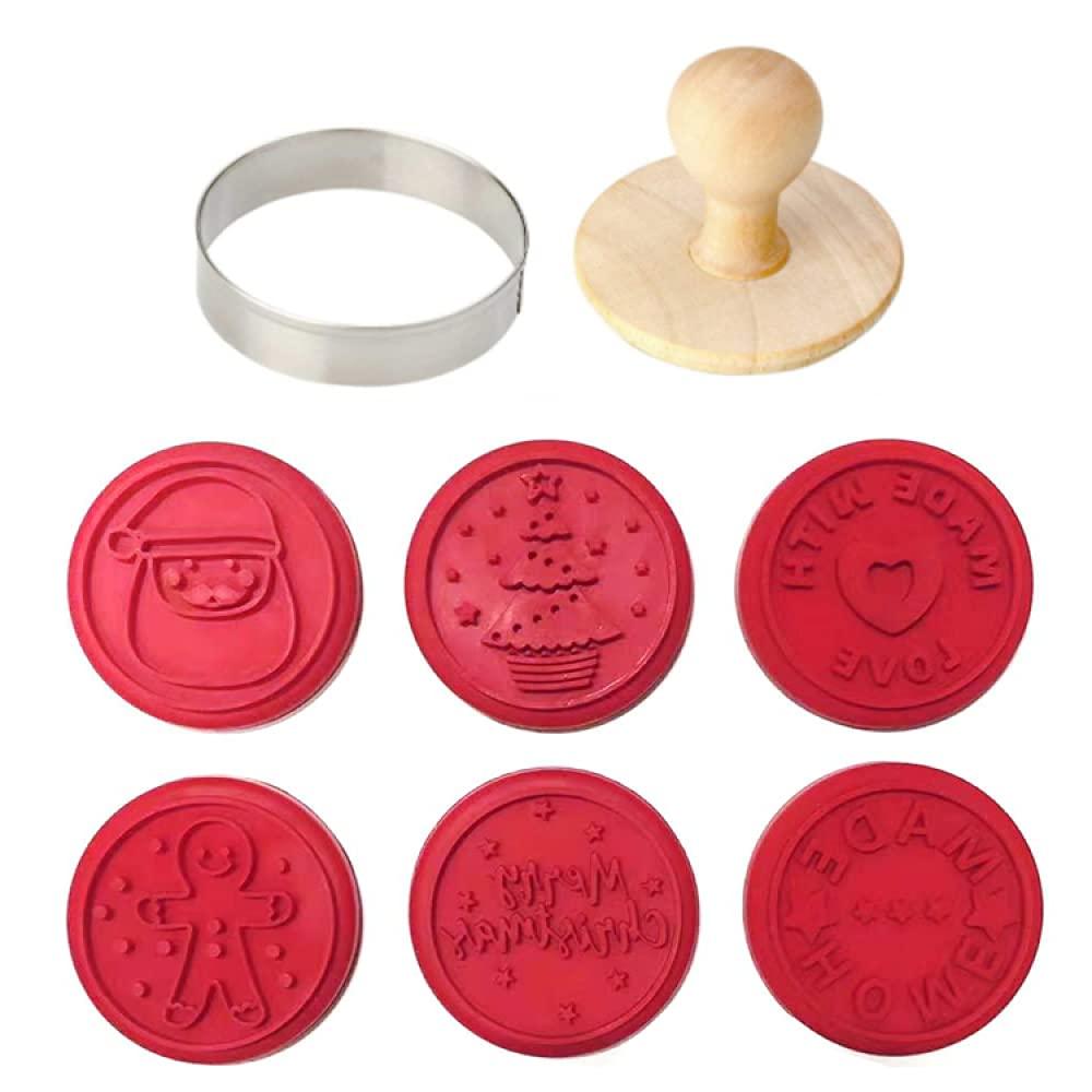 EZ KITCHEN 6 PCS Silicone Holiday Christmas Cookie Stamp Set with Round Cookie Cutter, Wooden Press Handle, Christmas Cookie Cutter, Santa Claus, MADE WITH LOVE, Gingerbread Man, HOME MADE - CookCave