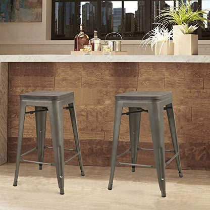 JUMMICO Metal Bar Stools Indoor-Outdoor Stackable Modern 24 Inches Gun Metal Counter Height Industrial Barstools with Wooden Seat Set of 4 (Gun) - CookCave