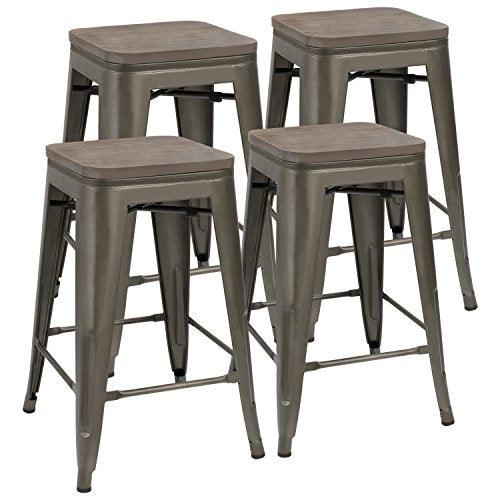 JUMMICO Metal Bar Stools Indoor-Outdoor Stackable Modern 24 Inches Gun Metal Counter Height Industrial Barstools with Wooden Seat Set of 4 (Gun) - CookCave