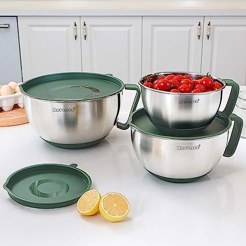 Rorence Mixing Bowls Set: Stainless Steel Non-Slip Bowls with Pour Spout, Handle and Lid - Set of 3 - Green - CookCave