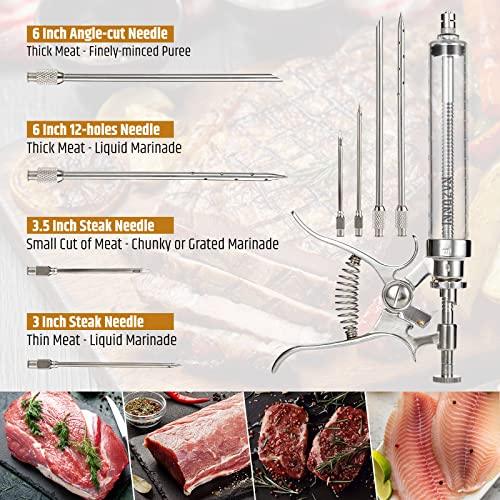 Razorri Marinade Injector Gun, Stainless Steel BBQ Meat Turkey Inject Kit, Flavor Food Syringes with Zipper Case, 2 oz Large Capacity Barrel and 4 Perforated Needles for Indoor Bake and Outdoor Grill - CookCave