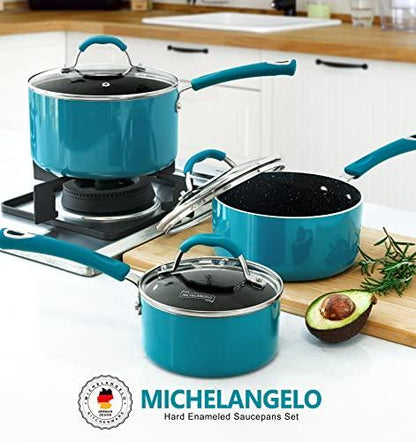 MICHELANGELO Sauce Pan Sets, Enamel Sauce Pan with Lid, 1Qt & 2Qt & 3Qt Saucepans with Lids, Nonstick Saucepan Set, Small Pot with Lid, Non Stick Sauce Pots with Silicone Handle, Oven Safe, Cyan - CookCave