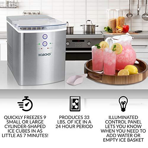 Igloo Electric Countertop Ice Maker Machine - Automatic and Portable - 33 Pounds in 24 Hours - Ice Cube Maker - Ice Scoop and Basket - Ideal for Iced Coffee and Cocktails - Stainless Steel - CookCave