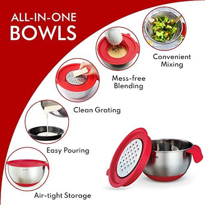 Belwares Mixing Bowls with Lids Set - Nesting Bowls with Graters, Handle, Pour Spout, Airtight Lids - Stainless Steel Non-Slip Mixing Bowl for Cooking, Baking, Prepping, Food Storage (Set of 3) - CookCave