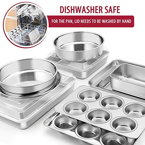 E-far 12-Piece Stainless Steel Bakeware Sets, Metal Baking Pan Set Include Round Cake Pans, Square/Rectangle Baking Pans with Lids, Cookie Sheet, Loaf/Muffin/Pizza Pan, Non-toxic & Dishwasher Safe - CookCave