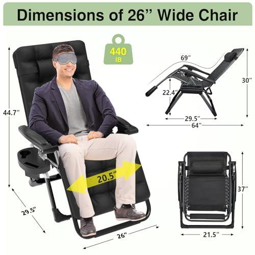 Slendor Zero Gravity Chairs Indoor, 26Inch Wide Zero Gravity Recliner with Removable Cushion, Cup Tray, Outdoor Folding Reclining Lounge Chair for Patio, Office, Lawn,Support 440lbs, Black - CookCave