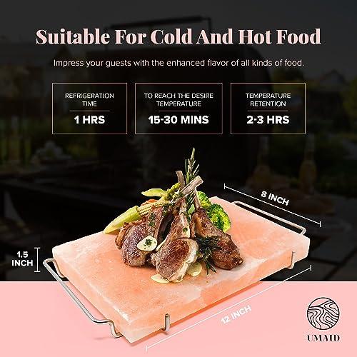 UMAID Himalayan Salt Block For Grilling, Cooking, Cutting and Serving,12X8X1.5 Food Grade Himalayan Pink Salt Stone on Stainless Steel Plate & Recipe Pamphlet, Unique Gifts for Men, Women, Chef, Cooks - CookCave