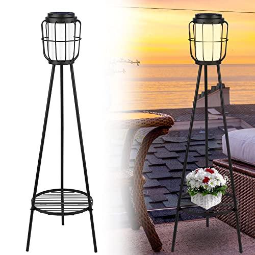 36" Metal Solar Floor Lamp, Solar Lantern with Plant Stand, Solar Light Outdoor Waterproof for Garden Yard Deck Porch Patio Decor - CookCave