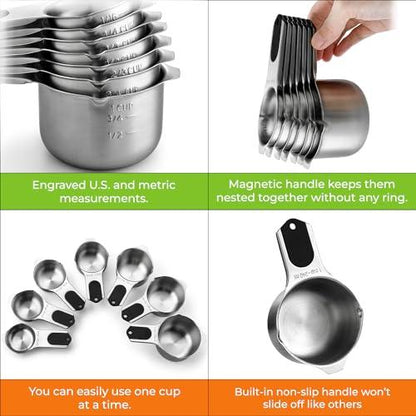 Spring Chef Magnetic Stainless Steel Measuring Cups, Kitchen Tools with Easy to Read Markings for Measuring Dry or Liquid Ingredients, Set of 7, Black - CookCave