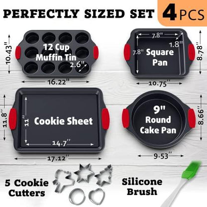 Premium Non-Stick Baking Pans Set of 4 - Includes Baking Sheet, 12 Cup Muffin Tin, Square Pan and Round Cake Pan - BPA Free, Heavy Duty, made w/Carbon Steel - Complete Bakeware Set for Your Kitchen - CookCave