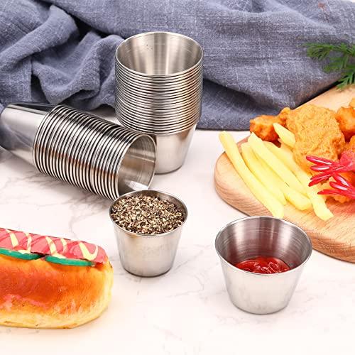 Potchen 50 Pack Stainless Steel Condiment Sauce Cups 1.5 Oz, 2 Individual Round Condiments Ramekins Small Metal Reusable Mini Dipping Kitchen Vinegar Butter Ketchup - CookCave