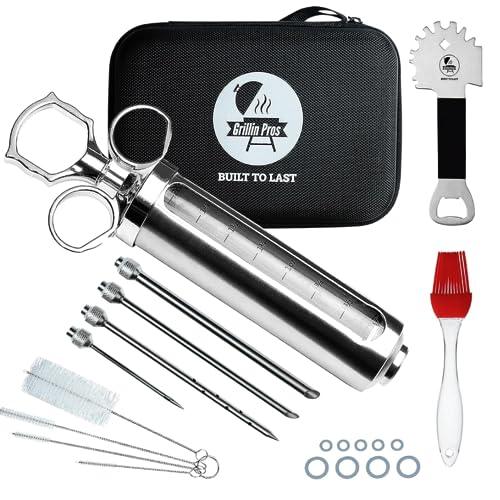 Grillin Pros Advanced Meat Injector Syringe Kit for Smoking & Grilling BBQ | Stainless Steel | Large 2 Oz Visible Capacity | Marinade Brush | Safe Grill Cleaner | Create Juicy Tender Flavor in Seconds - CookCave