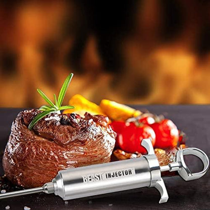 Grill Beast - 304 Stainless Steel Meat Injector Kit with 2-oz Large Capacity Barrel and 3 Professional Marinade Needles - CookCave