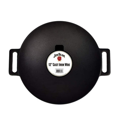 Jim Beam 12'' Pre Seasoned Heavy Duty Construction Cast Iron Grilling Wok, Griddle and Stir Fry Pan - CookCave