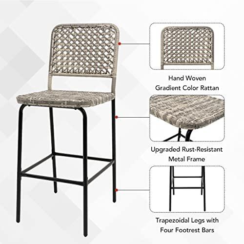 Sundale Outdoor Patio Bar Stools Set of 2, Hand Woven PE Rattan Hollow Back Armless Barstools for Deck Yard Porch, All-Weather Gradient Grey Wicker Outside Tall Chair Set - CookCave