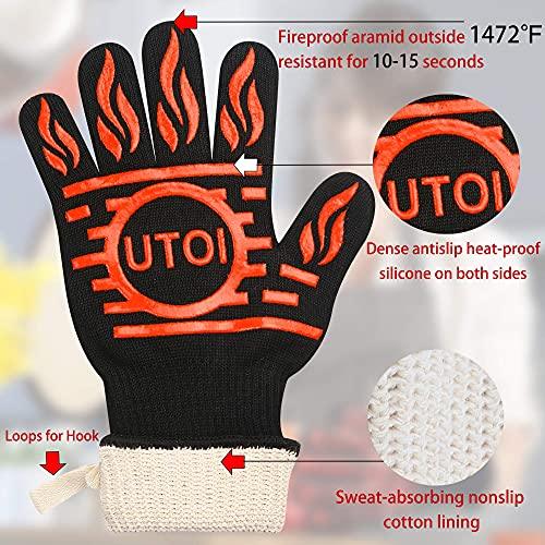 UTOI BBQ Grill Accessories Kit, 1472°F Heat Resistant BBQ Gloves Oven Mitts & Meat Shredder Claws & Silicone Sauce Basting Brush for Safe Grilling, Baking, Barbecue, Smoker & Outdoor Cooking - CookCave