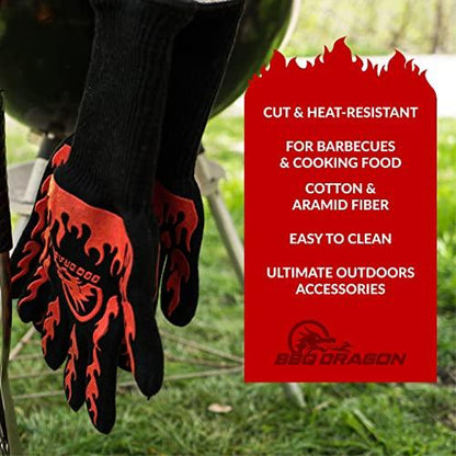 Extreme Heat Resistant Gloves - BBQ Gloves, Hot Oven Mitts, Charcoal Grill, Smoking, Barbecue Gloves for Grilling Meat Gloves, Insulated, Silicone Non-Slip Grips, U.S. Safety Tested - BBQ Dragon - CookCave