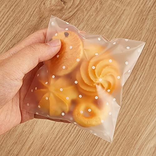 300PCS Cookie Bags Self Adhesive Clear Plastic Cellophane Treat Bags for Candy Pastry Packaging Christmas Party Favor Gift Giving (White Polka Dots, 4 x 4 inches) - CookCave