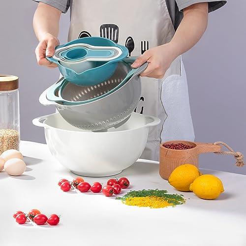 Mixing Bowls for Kitchen, 13 Piece Plastic Mixing Bowls Set Includes 2 Mixing Bowls, 1 Colander, 1 Sifter, 4 Measuring Cups, 5 Kitchen Gadgets for Baking Prepping Cooking and Serving, BPA Free - CookCave