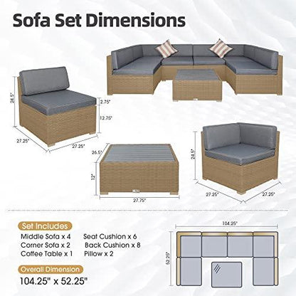 7 Piece Outdoor Patio Furniture Sets with Cushions, Outdoor Sectional Sofa Set, Patio PE Rattan Wicker Conversation Couch Sets with Slatted Coffee Table, and Striped Pillows (Light Gray/Gray) - CookCave