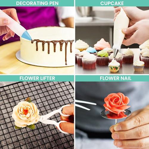 130Pcs Cake Decorating Supplies Kit - Non Slip Cake Turntable with 24 Numbered Icing Tips -Straight & Angled Spatula-3 Cake Scrapers- 40 Cupcake Liners, Ebook & Baking Tools - CookCave