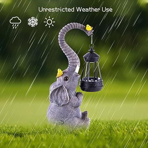 Solar Outdoor Garden Statues Lights, Elephant Figurines with Cute Birds Garden Sculpture Decor, Lucky Elephant Birthday Gifts for Women, Men or Daughter, Unique Housewarming Gifts and Yard Decoration - CookCave