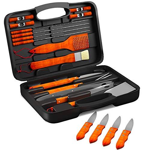 Home-Complete 4326466051 BBQ Grill Tools Set with Wood Handles & Knives Set-22 Pc Stainless Steel Barbecue Accessories with Wooden Handles, Case,4 Steak Knives, Spatula, Tongs - CookCave