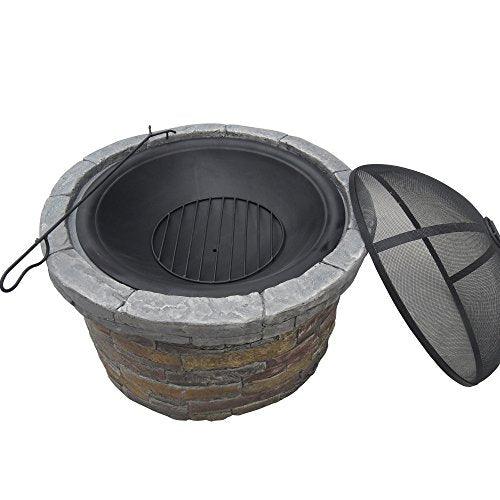 Teamson Home Round Stone Look Steel Outdoor Fire Pit Outside Wood Burning Firepit Bonfire with Spark Screen, Firebowl, Poker, Charcoal Grill for Patio Garden Backyard BBQ, 27 Inch, Dark Gray/Brown - CookCave