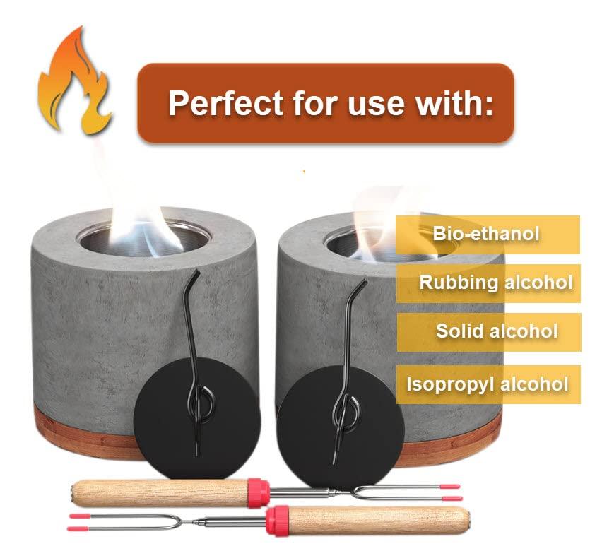 2 Pack Gardenix Decor Concrete Tabletop Fire Pit with Bamboo Base; Burns Ethanol and Multiple Fuels; 2 Extending Marshmallow Roasting Stick Forks; Table Top Fire Pit Bowl/Mini Tabletop Fireplace - CookCave