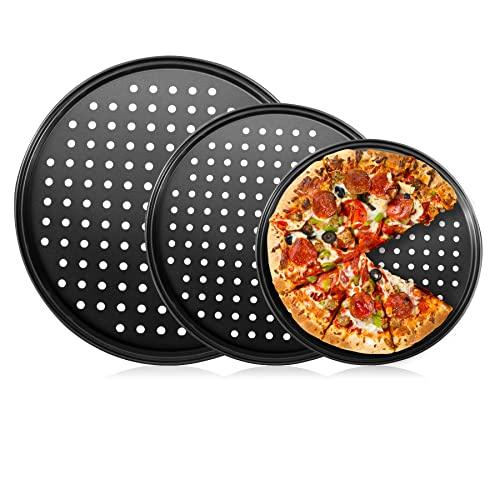 mobzio Baking Steel Pizza Pan with Holes, Round Pizza Pan for Oven, 9 Inch, 11 Inch, 12 Inch Bakeware Pizza Tray, Nonstick Baking Supplies Home Restaurant Kitchen Steel Crisper Pizza Pan Set (3 Pcs) - CookCave
