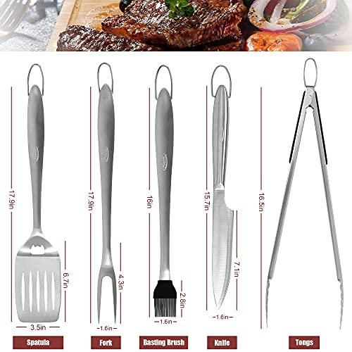 MAGIC FLAME 5PC Grill Tools Set - 18" Heavy Duty BBQ Accessories with Spatula, Fork, Knife, Brush, BBQ Tongs - Ideal Gift for Men - Stainless Steel Extra Long Barbeque Grilling Accessories for Outdoor - CookCave