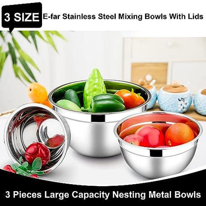 E-far Mixing Bowls with Lids, 6-Piece Stainless Steel Salad Bowls Metal Nesting Bowls for Baking Cooking and Prepping, Airtight Lids & Stackable Design, Size 4.5, 3, 1.5 QT (Black) - CookCave