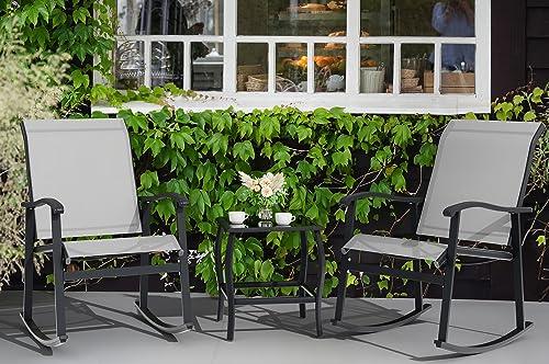 Vongrasig 3 Piece Outdoor Rocking Bistro Set, Textilene Fabric Small Patio Furniture Set, Front Porch Rocker Chairs Conversation Set with Glass Table for Lawn, Garden, Balcony, Poolside (Light Gray) - CookCave