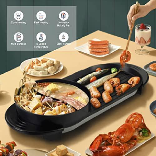 Hot pot with Grill 2 in 1 Electric BBQ Grill Shabupot 2200W Non-Stick Korean Barbecue Grill Indoor for 2-12 People Independent Dual Temperature Control 110V(27 Inch) - CookCave