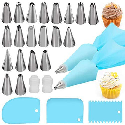 Silicone Icing Piping Bag,Reusable Cream Pastry Bag and 20× Stainless Steel Nozzle Set DIY Cake Decorating Tool(20×Nozzle, 2×Icing Cream Pastry Bag and 2 X Converter and 3×Scraper) [Energy Class A+] - CookCave