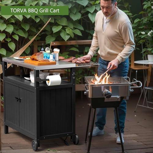 TORVA Portable Outdoor Grill Prep Table with Storage, Waterproof Outdoor Grill Cabinet, Stainless Steel Tabletop Outdoor Kitchen Island, BBQ Cart with Wheels, Hooks and Side Shelf (Black) - CookCave