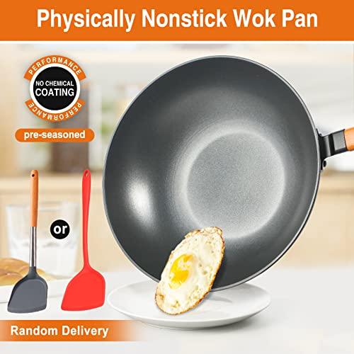 Anyfish Wok Pan with Lid, 13in Woks & Stir Fry Pans with Silicone Spatula, Nonstick Wok and Carbon Steel Woks, No Chemical Coated Flat Bottom Chinese Wok For Induction, Electric, Gas, All Stoves - CookCave