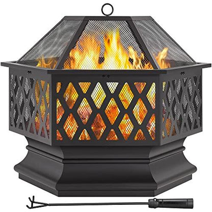 Yaheetech 28in Fire Pit Fire Pits for Outside Hex Shaped Firepit Bowl Outdoor Fire Pit Large Wood Burning Fire Pit with Spark Screen & Poker for Bonfire Patio Outside Picnic BBQ - CookCave