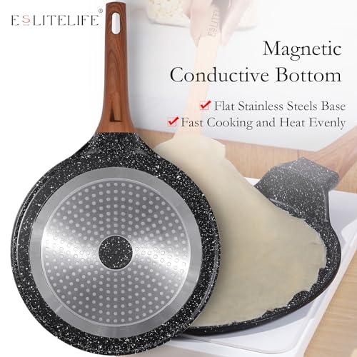 ESLITE LIFE Nonstick Crepe Pan with Spreader, 11 Inch Granite Coating Flat Skillet Tawa Dosa Tortilla Pan, Compatible with All Stovetops (Gas, Electric & Induction), PFOA Free, Black - CookCave